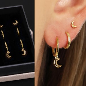 18K Gold Moon Dangle Earring Set - Earring Stack - Sterling Silver Earring Set - Everyday Earrings - Gift Set - Gift For Her - Gift Ready