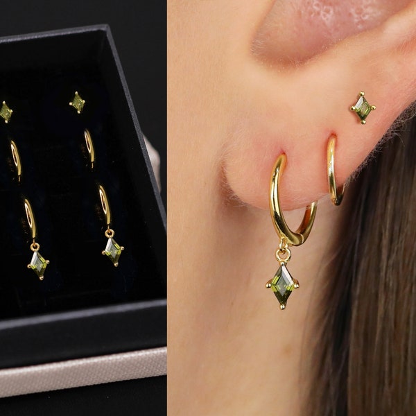 18K Gold Peridot Diamond Everyday Earring Set - Earring Stack - Sterling Silver Earring Set - Earring Set - August Birthstone - Gift Ready