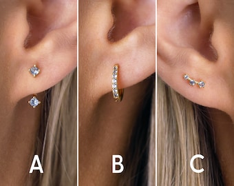 Blue Zircon Earrings - Ear Jacket - Ear Climber - Gold Blue Zircon Hoops - Birthstone Earrings - Tiny Stud Earrings - Gift For Her