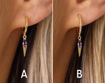 Amethyst Spike Dangle Hoop Earrings - Gold Hoop Earrings - Birthstone Earrings - February Birthstone - Huggie Hoop - Gift For Her
