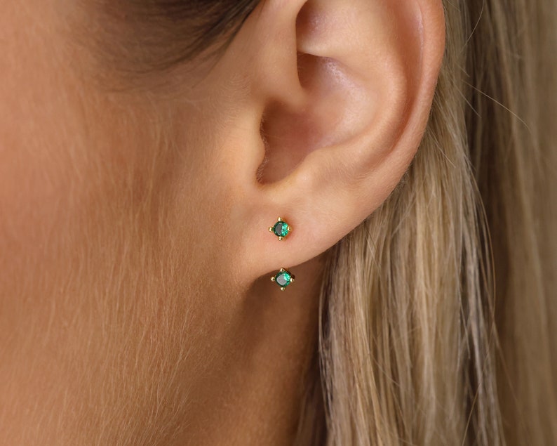 Emerald Stud Earrings Ear Jacket Earrings Ear Climber Studs May Birthstone Small Stud Earrings CZ Studs Gift for Her image 5