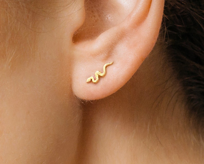 Tiny Gold Serpent Stud Earrings Small Stud Earrings Snake Studs Minimalist Stud Earrings Christmas Earrings Gifts for Her image 3