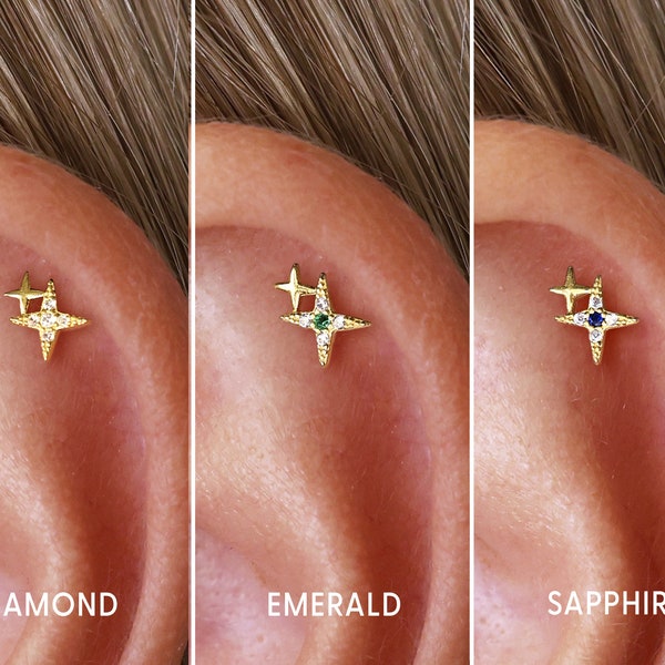 18G Twin Star Flat Back Labret Stud - Starburst Earring - Cartilage Earrings - Small Stud Earrings - Conch - Tragus - Helix - Cartilage Stud