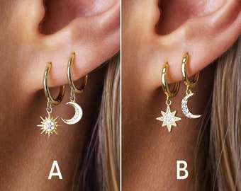 Boucles d'oreilles étoile et lune - Ensemble de créoles étoile et lune en argent - Boucles d'oreilles célestes - Boucles d'oreilles dépareillées - Cadeau pour maman - Cadeau de Noël