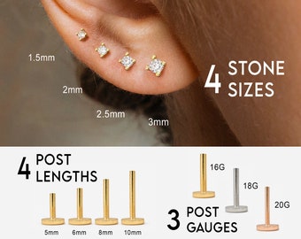 20G/18G/16G Threadless Push Pin Labret Stud - Gold Push Pin - Cartilage Earring - Flat Back Earring - Helix Stud - Conch Stud - Tragus Stud