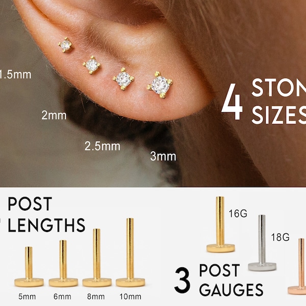 20G/18G/16G Threadless Push Pin Labret Stud - Gold Push Pin - Cartilage Earring - Flat Back Earring - Helix Stud - Conch Stud - Tragus Stud