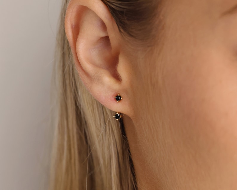 Black Onyx Stud Earrings Ear Jacket Earrings Ear Climber Studs Black Earrings Small Stud Earrings CZ Studs Gift for Her image 5