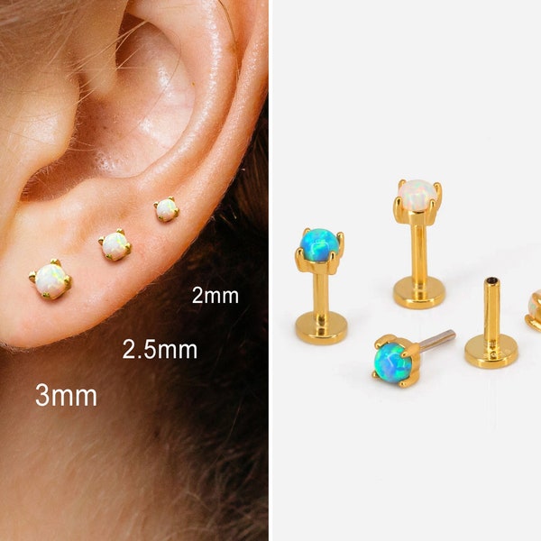 18G/16G Fire Opal Threadless Push Pin Labret Stud - Gold Push Pin - Cartilage Earring - Flat Back Earring - Helix Stud - Conch - Tragus Stud
