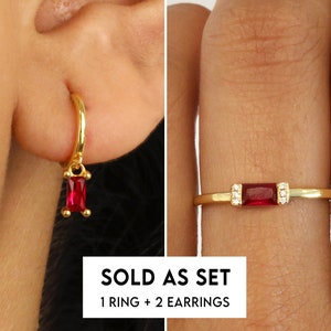 EARRING & RING SET • Ruby Baguette Gift Set - Birthstone Earrings - Huggie Hoops - Gold Ring - Gift For Mom - Gift Set - Gift for Her