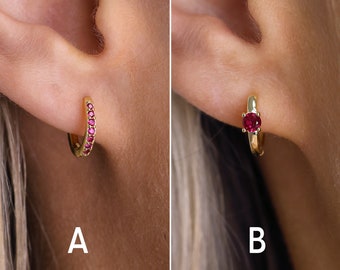 Ruby Huggie Hoop Earrings - Dainty Hoop Earrings - Gold Hoop Earrings - Birthstone Charm Hoops - July Birthstone - Gift For Her