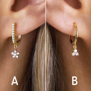 Tiny CZ Flower Dangle Hoop Earrings - Sterling Silver Hoop Earrings - Second Hole Hoop Earrings - Gold Dangle Hoops - Minimalist Earrings