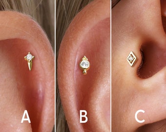Puce labret fin diamants 18G à dos plat - Puce d'oreille pour cartilage - Petites boucles d'oreilles - Boucles d'oreilles en diamant - Puce labret - Puce hélicoïdale - Puce tragus