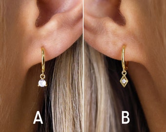 Dainty Dangle Huggie Hoop Earrings - Sterling Silver Hoop Earrings - Second Hole Hoop Earrings - Gold Dangle Hoops - Minimalist Earrings