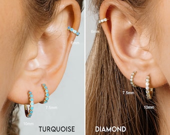 Bezel Huggie Hoop Earrings - Turquoise Diamond Hoop Earrings - Small Hoops - Cartilage Hoop - Second Hole Hoop Earrings - Gold Conch Hoop