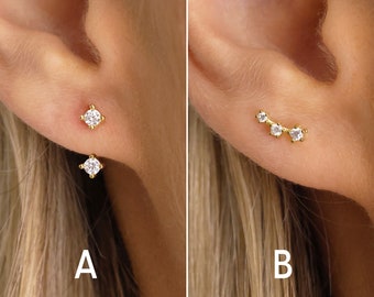 Diamond Stud Earrings - Ear Jacket Earrings - Ear Climber Studs - April Birthstone - Small Stud Earrings - CZ Studs - Gift for Her