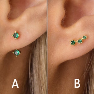 Emerald Stud Earrings Ear Jacket Earrings Ear Climber Studs May Birthstone Small Stud Earrings CZ Studs Gift for Her image 1