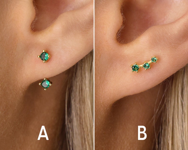 Emerald Stud Earrings Ear Jacket Earrings Ear Climber Studs May Birthstone Small Stud Earrings CZ Studs Gift for Her image 1