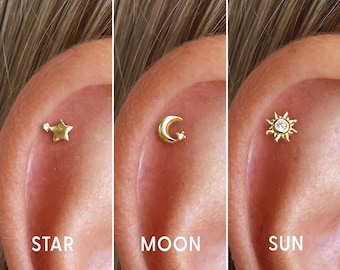 18G Celestial Flat Back Labret Stud - Star Cartilage Stud - Moon Earrings - Sun Earrings - Labret Stud - Helix Stud - Tragus Stud