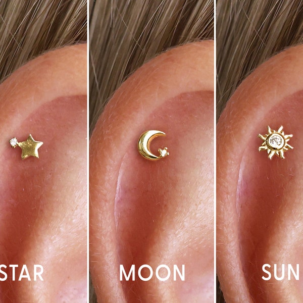 18G Celestial Flat Back Labret Stud - Star Cartilage Stud - Moon Earrings - Sun Earrings - Labret Stud - Helix Stud - Tragus Stud