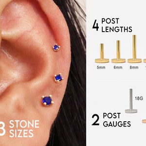 20G/18G Sapphire Threadless Push Pin Labret Stud - Gold Push Pin - Cartilage Earring - Flat Back Earring - Helix Conch Tragus Labret Stud