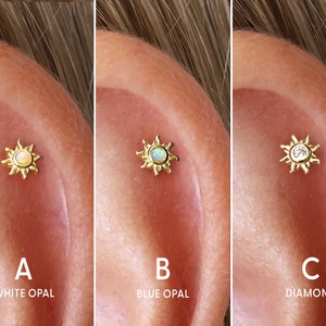 Clou labret 18G à dos plat avec filetage interne Tiny Sun - Boucles d'oreilles soleil - Boucles d'oreilles cartilage - Lambi - Tragus - Hélice - Clou cartilage