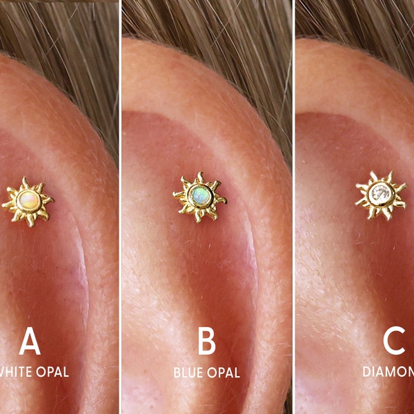 18G Tiny Sun Internally Threaded Flat Back Labret Stud - Sun Earrings - Cartilage Earrings - Conch - Tragus - Helix - Cartilage Stud
