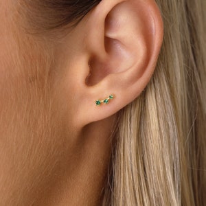 Emerald Stud Earrings Ear Jacket Earrings Ear Climber Studs May Birthstone Small Stud Earrings CZ Studs Gift for Her image 4