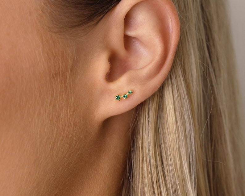 Emerald Stud Earrings Ear Jacket Earrings Ear Climber Studs May Birthstone Small Stud Earrings CZ Studs Gift for Her image 4