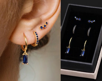 Sapphire Baguette Dangle Hoop Earring Set - Boucles d’oreilles Sterling Silver Hoop - Huggie Hoops - Boucles d’oreilles minimalistes - Cadeau prêt - Cadeau pour elle