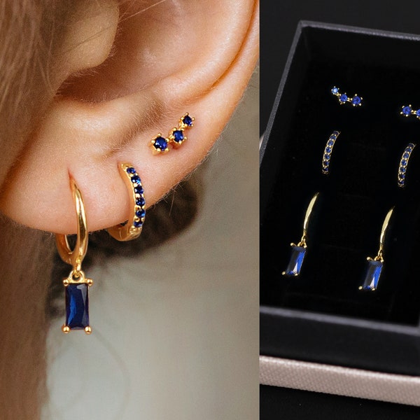 Sapphire Baguette Dangle Hoop Earring Set - Boucles d’oreilles Sterling Silver Hoop - Huggie Hoops - Boucles d’oreilles minimalistes - Cadeau prêt - Cadeau pour elle