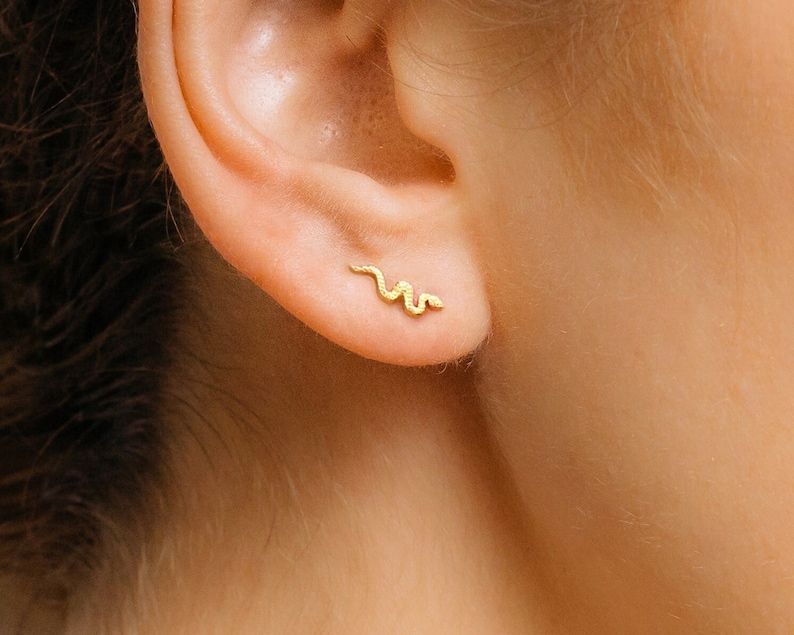 Tiny Gold Serpent Stud Earrings Small Stud Earrings Snake Studs Minimalist Stud Earrings Christmas Earrings Gifts for Her image 1