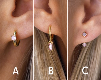Pink Tourmaline Earrings - Baguette Hoops - Ear Jacket - Pink Tourmaline Hoops - Birthstone Earrings - Minimalist Earrings - Gift For Her
