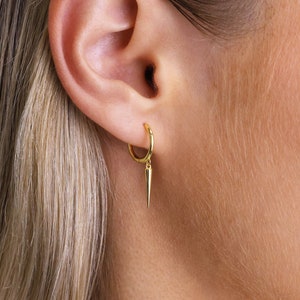 Gold Spike Dangle Huggie Hoop Earrings Sterling Silver Hoop Earrings Second Hole Hoop Earrings Gold Spike Hoops Minimalist Earrings image 3