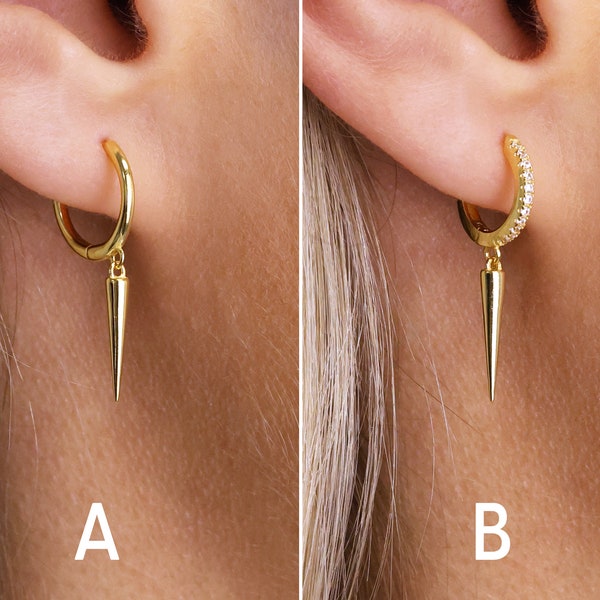Boucles d'oreilles Huggie avec pointes dorées - Créoles en argent sterling - Boucles d'oreilles deuxième trou - Créoles à pointes dorées - Boucles d'oreilles minimalistes