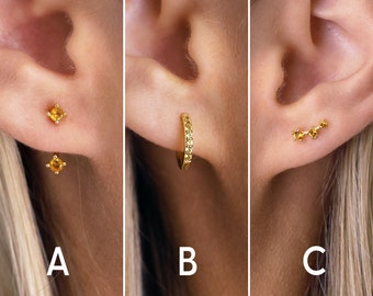 Yellow Topaz Earrings - Ear Jacket - Ear Climber - Gold Topaz Hoops - Birthstone Earrings - Tiny Stud Earrings - Gift For Her