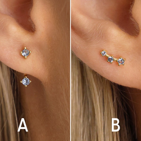 Blue Zircon Stud Earrings - Ear Jacket Earrings - Ear Climber Studs - December Birthstone - Small Stud Earrings - CZ Studs - Gift for Her