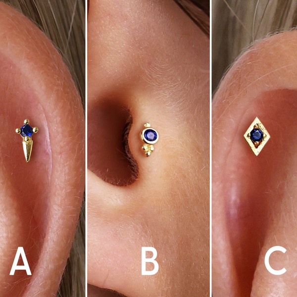 18G Dainty Sapphire Flat Back Labret Stud - Cartilage Stud - Small Stud Earrings - Sapphire Earrings - Helix Stud - Tragus Stud - Conch Stud