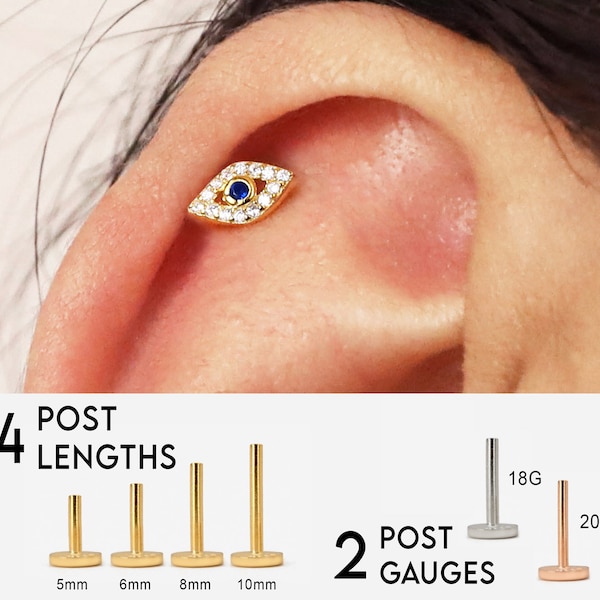 20G/18G Evil Eye Threadless Push Pin Labret Stud - Gold Push Pin - Cartilage Earring - Flat Back - Helix Stud - Conch Stud - Tragus Stud