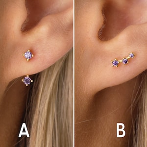 Amethyst Stud Earrings - Ear Jacket Earrings - Ear Climber Studs - February Birthstone - Small Stud Earrings - CZ Studs - Gift for Her
