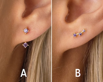 Amethyst Stud Earrings - Ear Jacket Earrings - Ear Climber Studs - February Birthstone - Small Stud Earrings - CZ Studs - Gift for Her