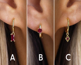Ruby Hoop Earrings - Baguette Hoops - Gold Ruby Hoops - Birthstone Earrings - Sterling Silver Earrings - Minimalist Earrings - Gift For Her