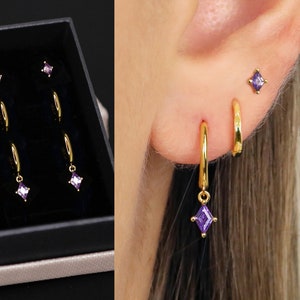 18K Gold Amethyst Diamond Everyday Earring Set - Earring Stack - Sterling Silver Earring Set - Earring Set - Birthstone Earring - Gift Ready