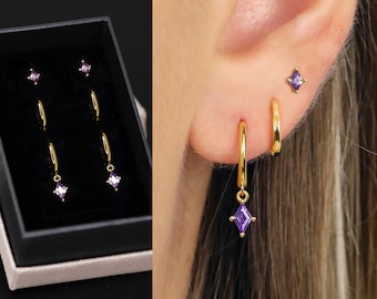 18K Gold Amethyst Diamond Everyday Earring Set - Earring Stack - Sterling Silver Earring Set - Earring Set - Birthstone Earring - Gift Ready