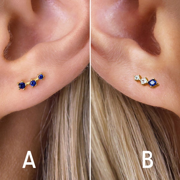 Sapphire Tiny Climber Stud Earrings - Small Stud Earrings - Ear Climber Earrings - Sapphire Stud Earrings - CZ Stud Earrings - Gifts for Her