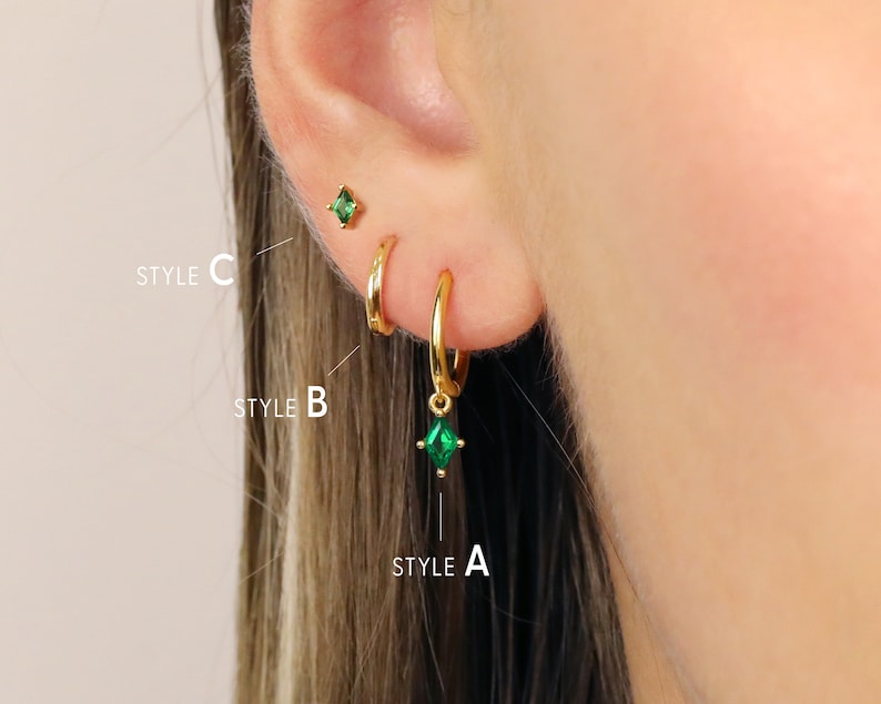 18K Gold Emerald Diamond Everyday Earring Set Earring Stack Sterling Silver Earring Set Earring Set May Birthstone Gift Ready image 2
