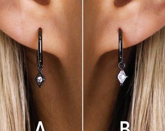Gunmetal Black Diamond Dangle Hoop Earrings - Black Earrings - Geometric Earrings - Edgy Earrings - Grunge Earrings - Gift For Her