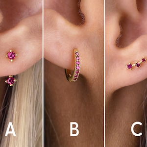 Ruby Earrings - Ear Jacket - Ear Climber - Gold Ruby Hoops - Birthstone Earrings - Small Hoops - Tiny Stud Earrings - Gift For Her