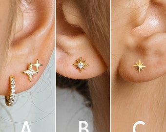 Boucles d'oreilles fines dorées étoiles - petites boucles d'oreilles - clous d'oreilles étoile Cz - boucles d'oreilles minimalistes étoiles - boucles d'oreilles de Noël - cadeaux pour elle