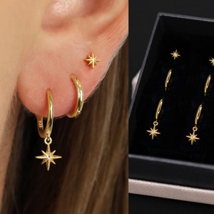 18K Gold Star Dangle Earring Set - Earring Stack - Sterling Silver Earring Set - Everyday Oorbellen - Cadeauset - Cadeau voor haar - Cadeau klaar