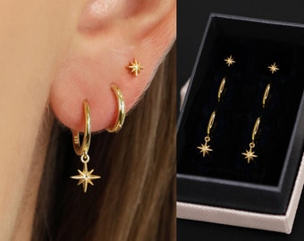 18K Gold Stern Ohrhänger Set – Ohrring Stapel – Sterling Silber Ohrring Set – Alltägliche Ohrringe – Geschenkset – Geschenk für Sie – Geschenkfertig